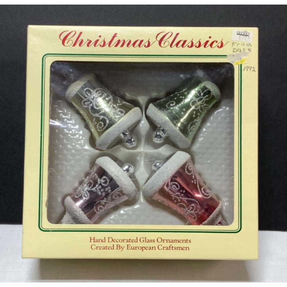 VTG Christmas Classics Hand Decorated Glass Ornament Set 4 bell shaped